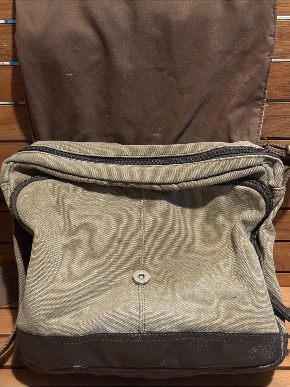 Canvas & Leather Crossbody Messenger Bag - Taupe and Dark Brown